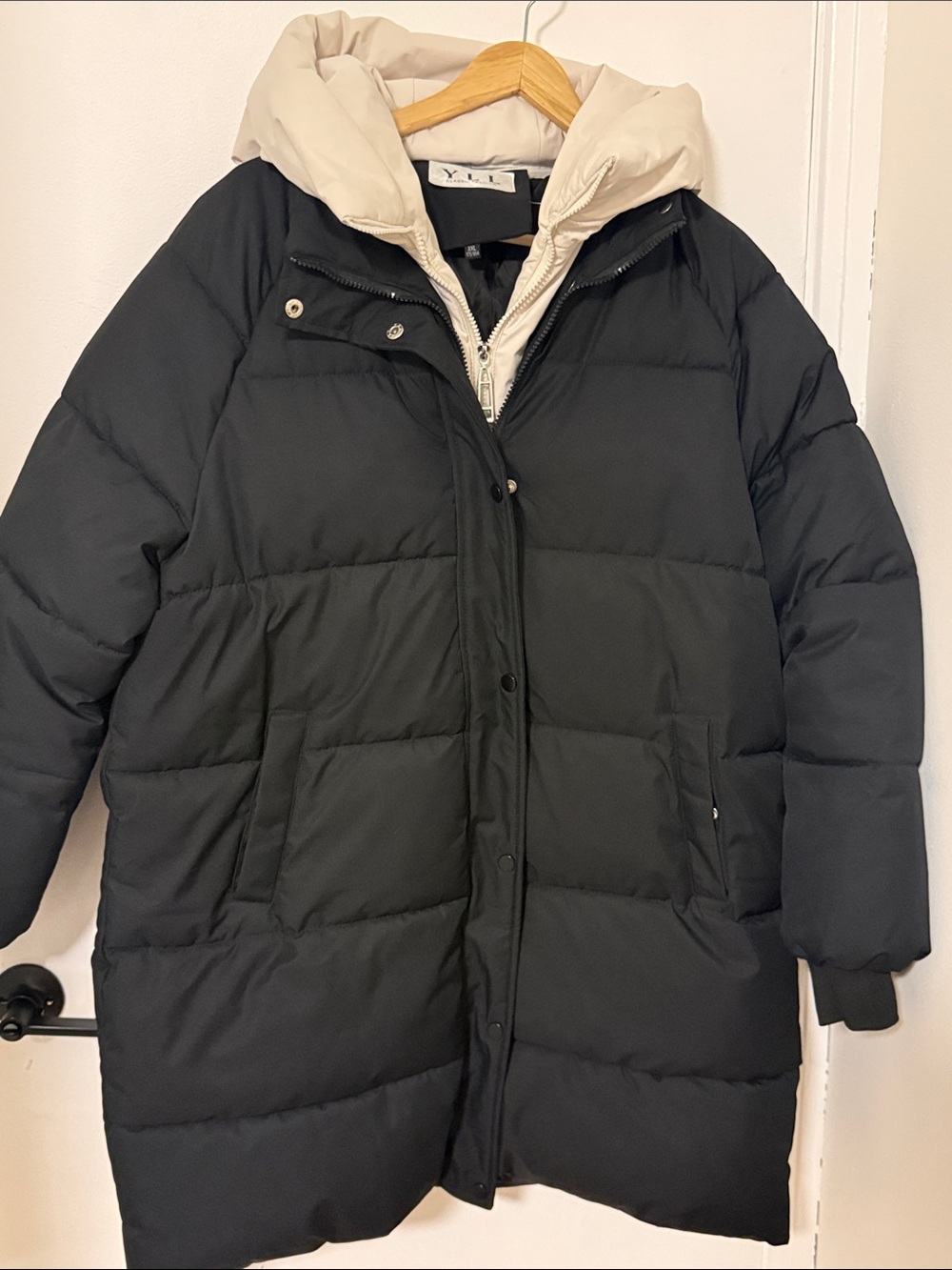 Black Puffer Coat with Cream Hood by